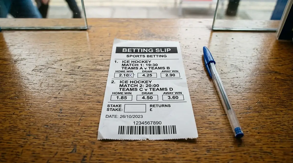 Paper betting slip showing NHL match listings with decimal odds in a UK sportsbook