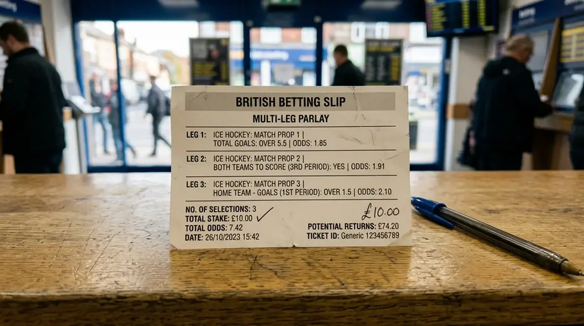 Paper betting slip showing a multi-leg ice hockey prop parlay with combined decimal odds