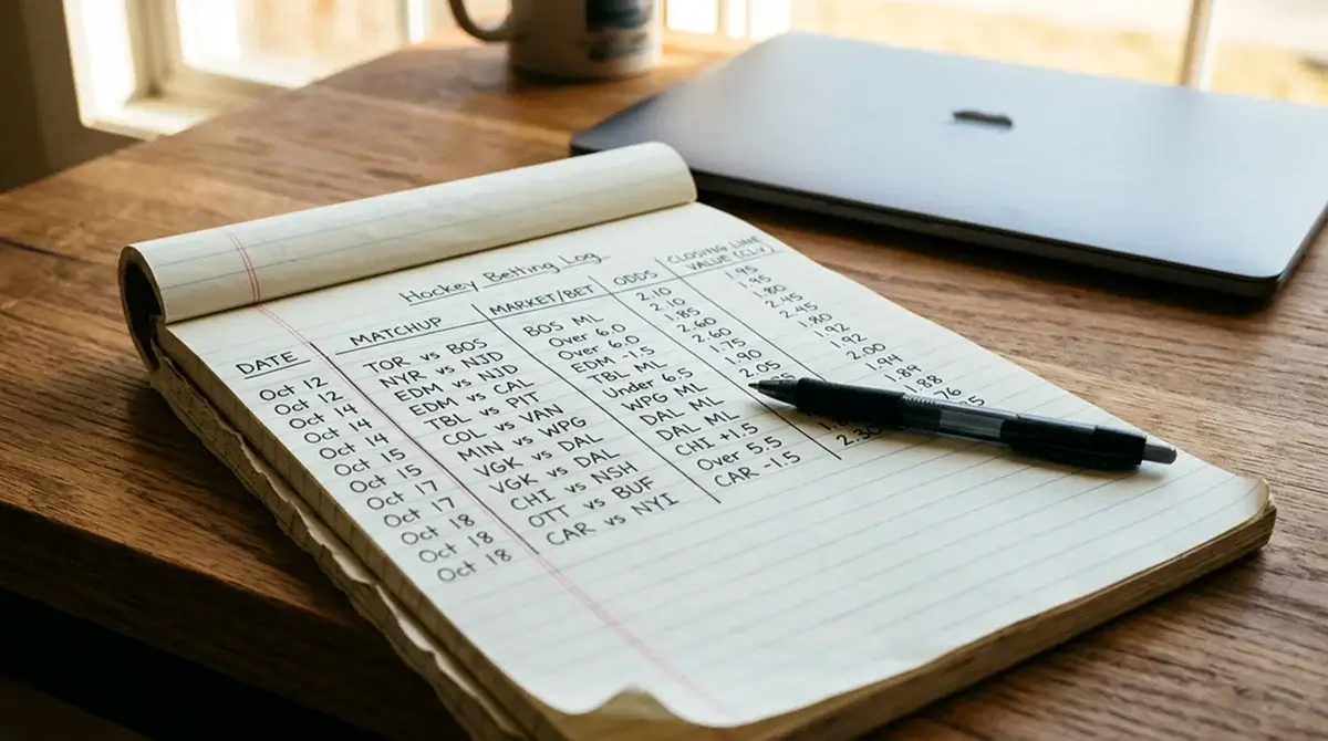 Hockey bettor's tracking log notebook with bet records and closing-line value column