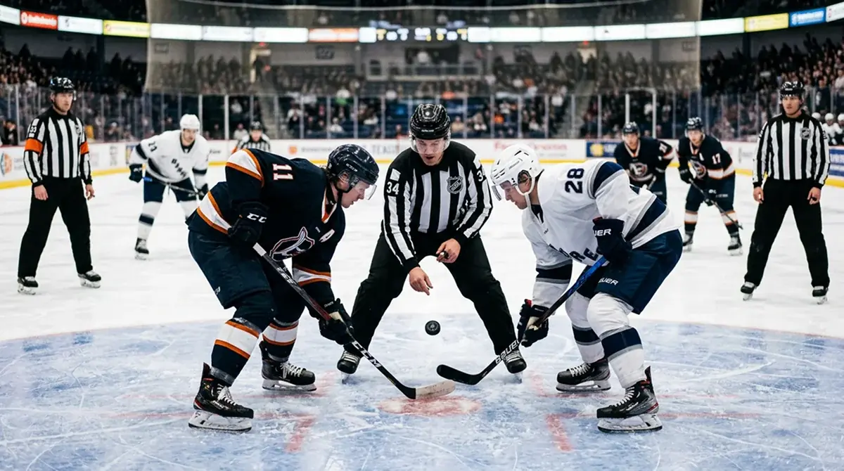 Centre-ice face-off at the start of a hockey period with linesmen ready