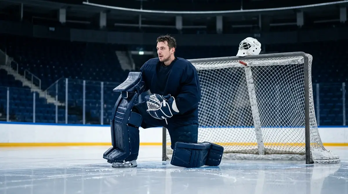 European hockey goaltender during pre-game warm-up before CHL match