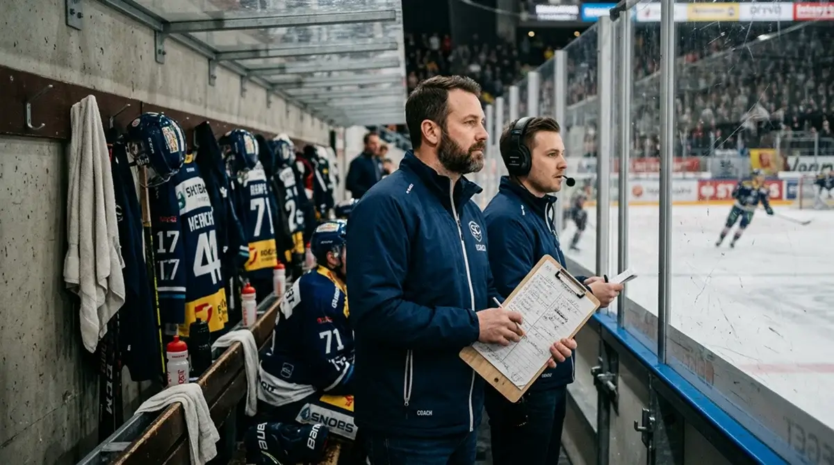 Coach reviewing lineup notes on clipboard in team bench area before European hockey game