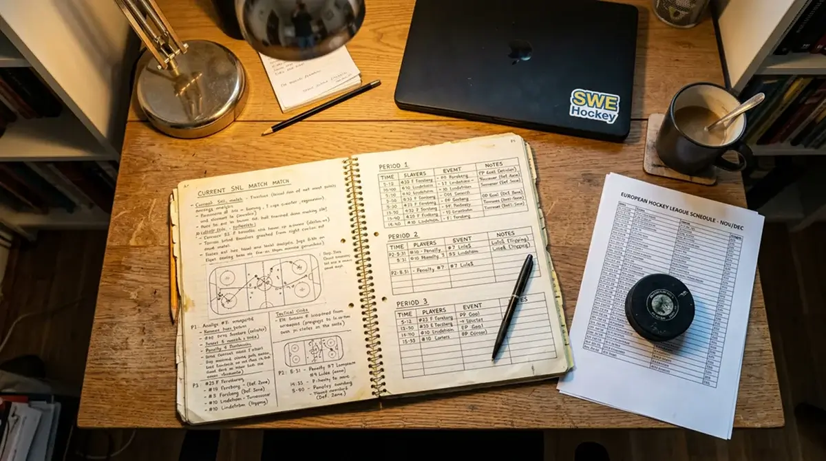 Hockey analyst reviewing period-by-period notes for Champions Hockey League fixtures