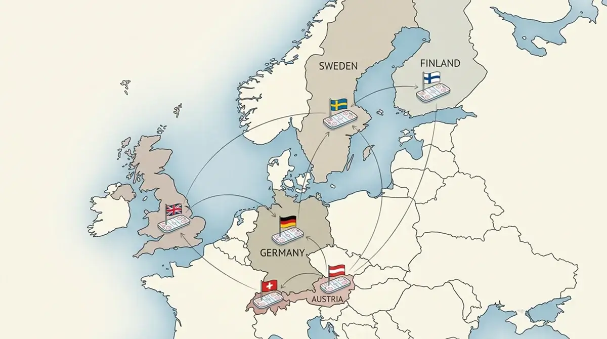Map of European hockey leagues showing SHL Liiga DEL clubs competing in CHL