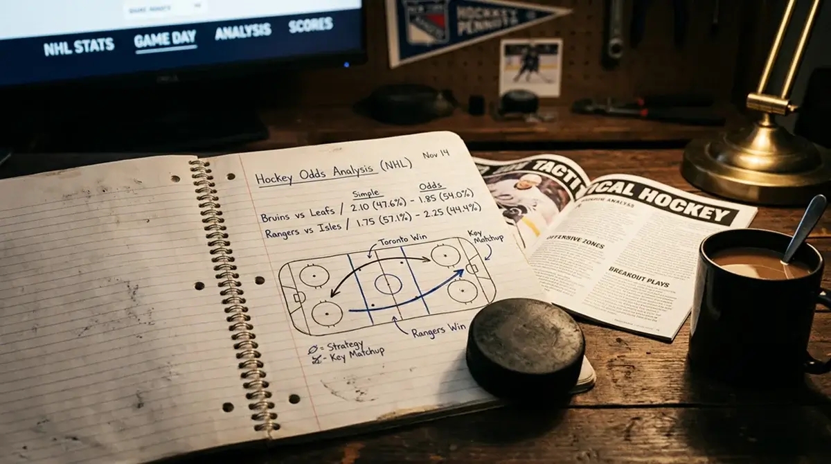 Notebook with handwritten decimal odds and implied probability calculations next to a hockey puck