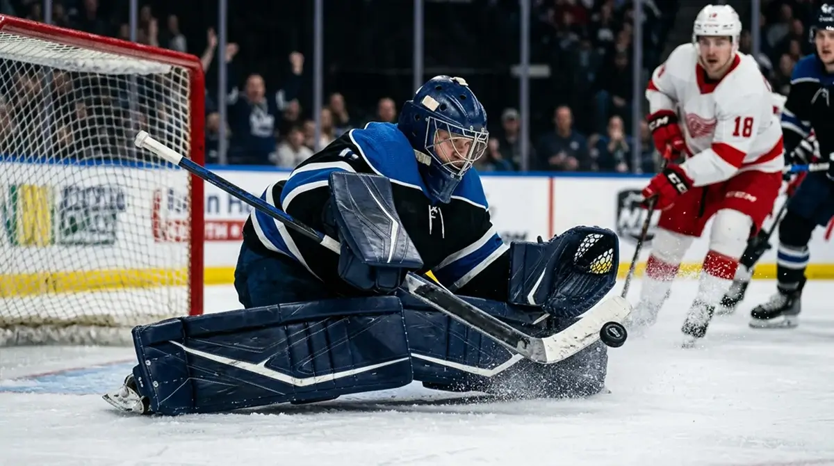 DEL goaltender making pad stack save against close-range shot