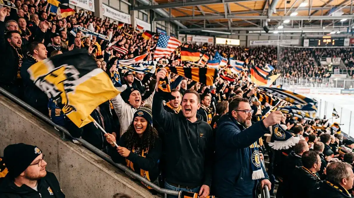 DEL home fan section waving club flags during a game