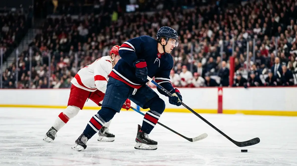 DEL top-line import forward driving the puck up ice