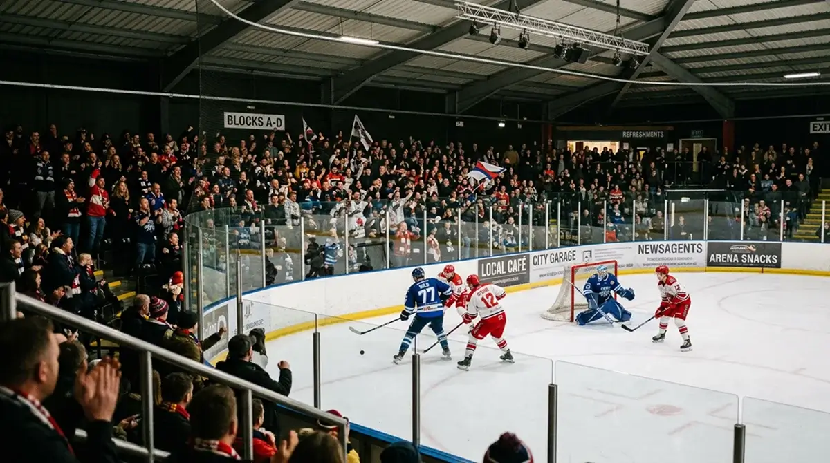 EIHL home arena with British ice hockey fans close to the ice