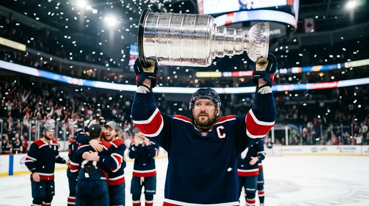 EIHL playoff trophy held aloft by a winning captain on the ice