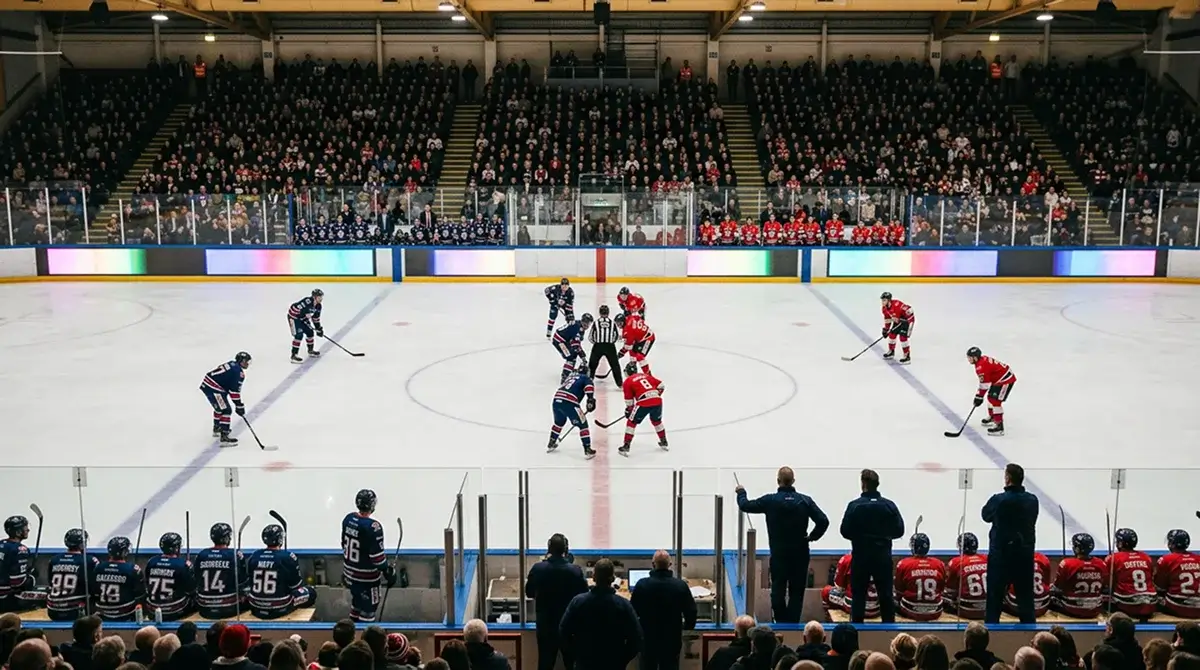 Elite Ice Hockey League match in a British arena with rink visible end-to-end