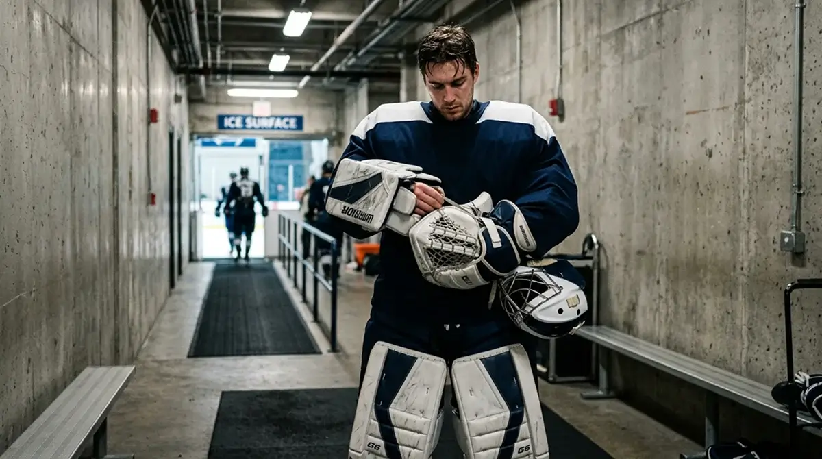 Elite international hockey goaltender adjusting equipment before tournament game