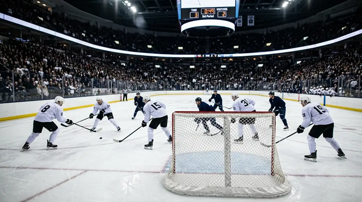 Empty net in a late-game hockey moment with the trailing team pressing