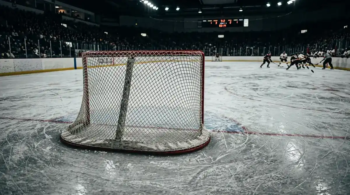 Empty hockey net on the ice in the final minutes of an NHL game with a pulled goaltender
