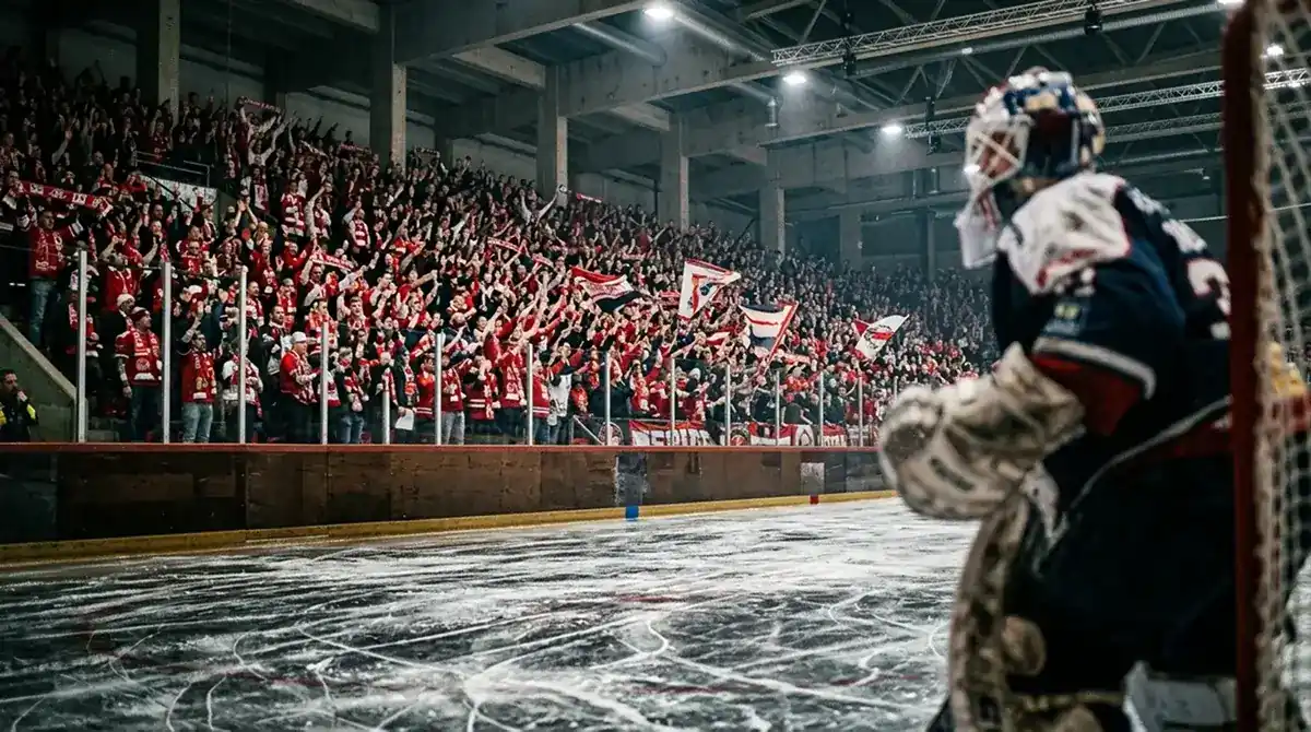 Packed European ice hockey arena with home fans cheering during Champions Hockey League fixture