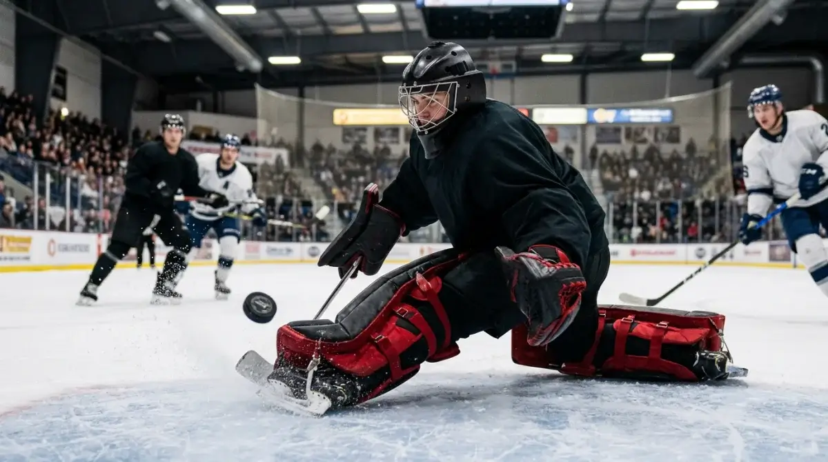 Finnish Liiga goaltender making pad save in a tight game