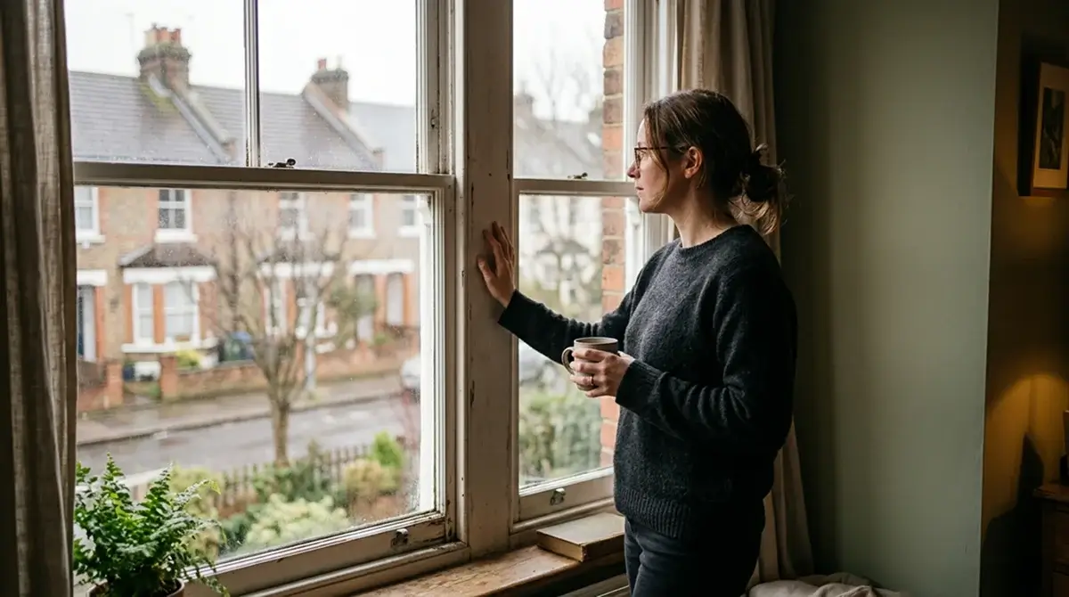 Person looking out window at home considering personal gambling habits