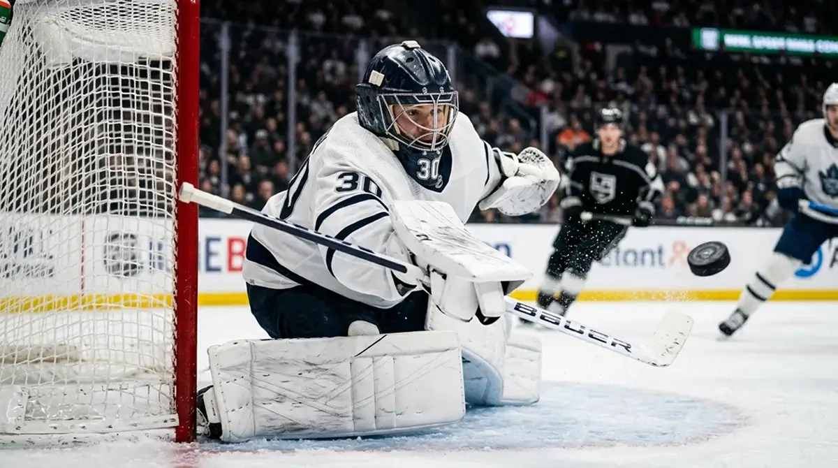 NHL goaltender making a blocker save deflecting the puck wide of the net