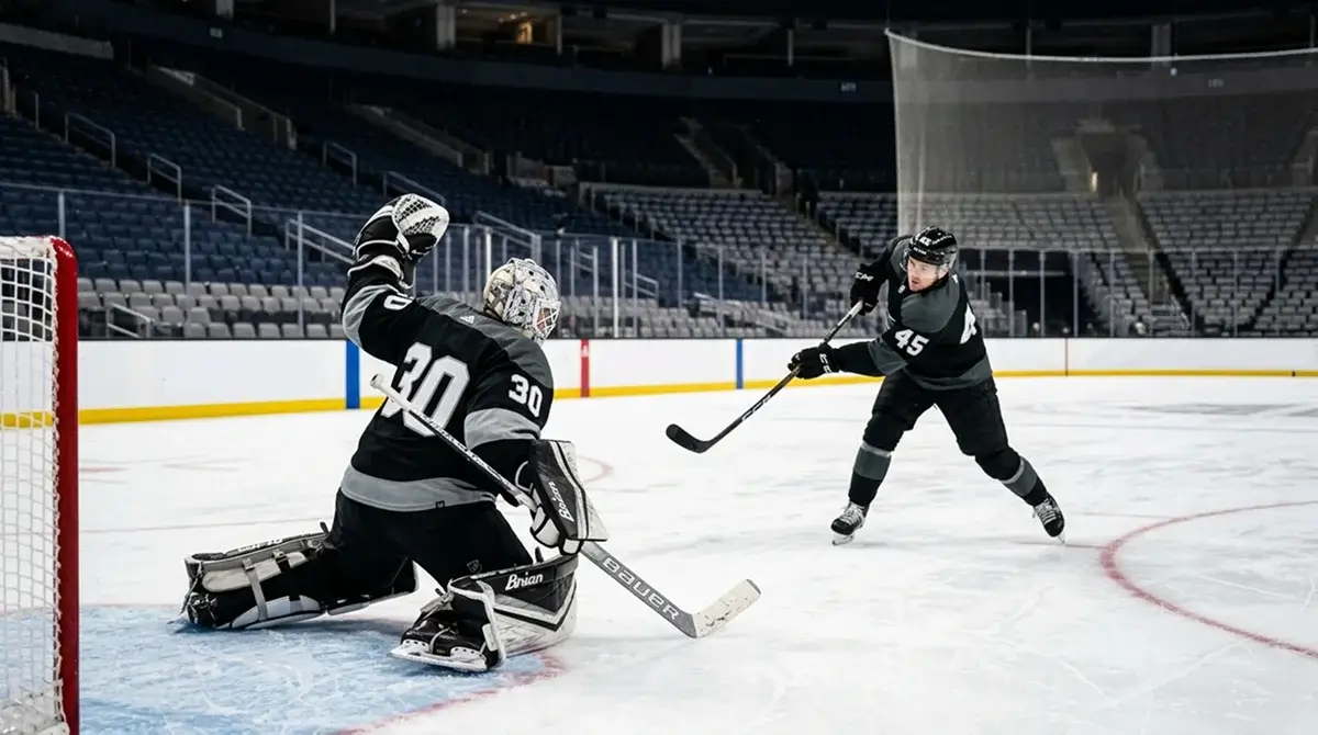 NHL goaltender taking warm-up shots during pre-game routine on the ice