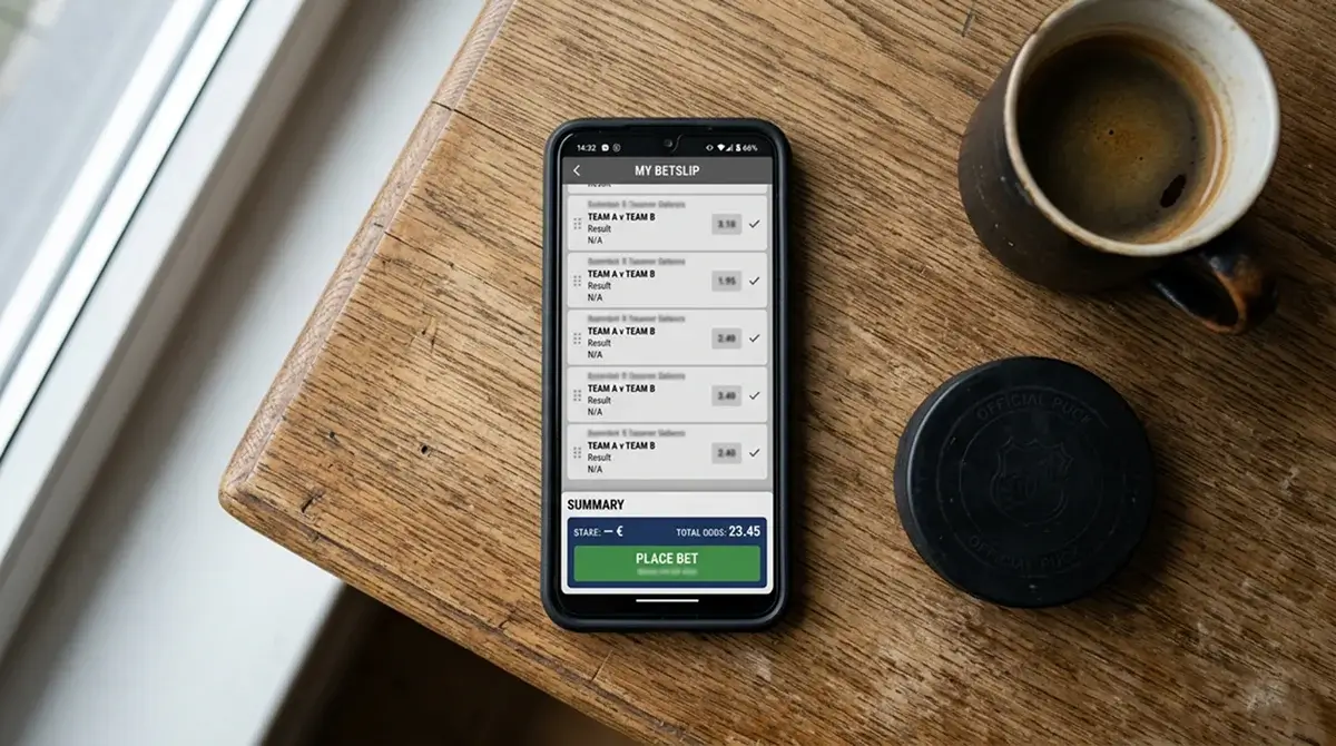 Ice hockey accumulator betting slip with multiple NHL selections combined