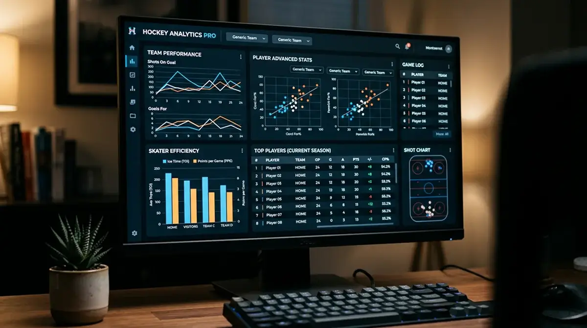 Computer monitor showing a generic ice hockey analytics dashboard with charts and stat tables