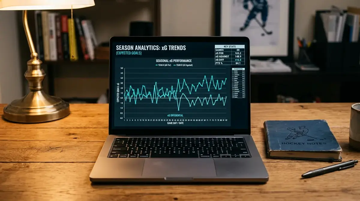 Laptop displaying hockey analytics charts with expected-goals trend lines