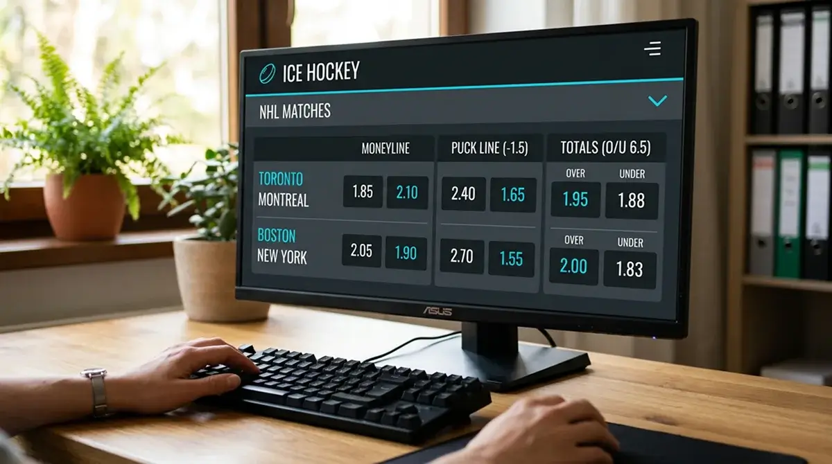 Hockey betting screen displaying moneyline, puck line and totals side by side