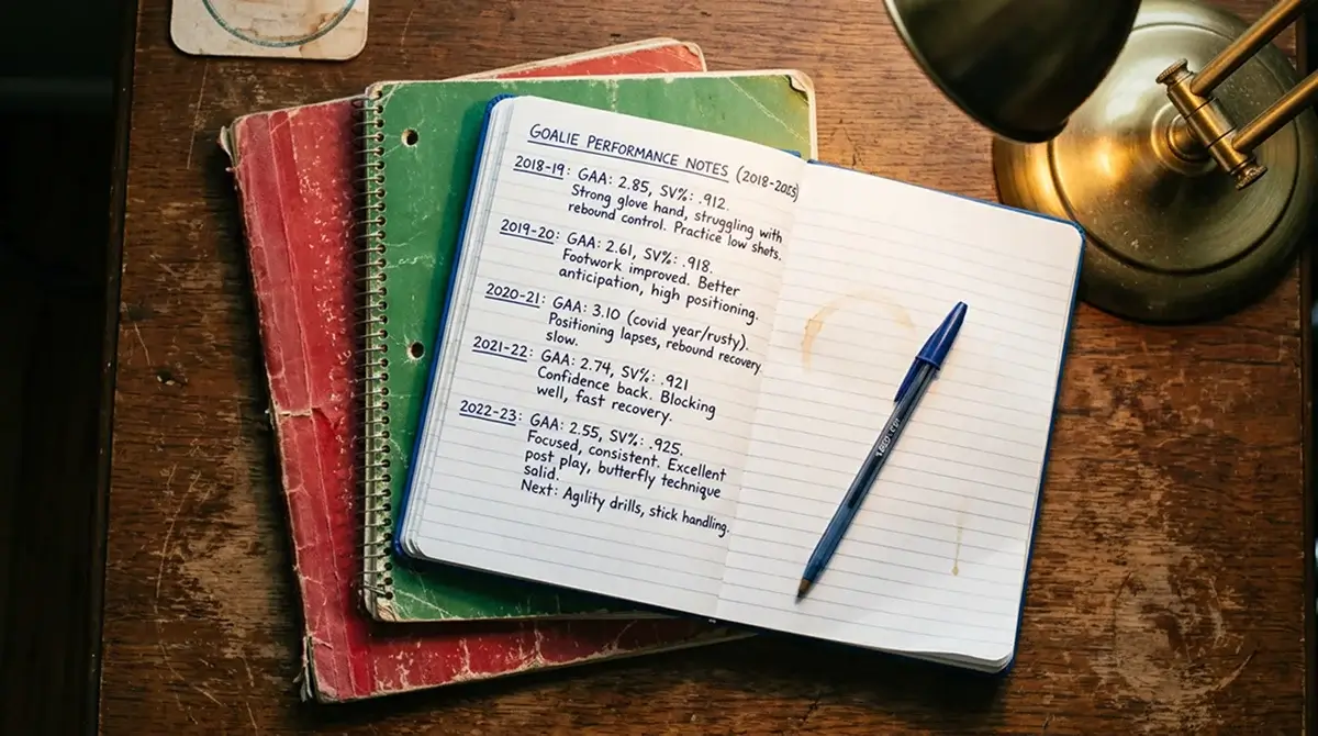Old hockey research notebooks stacked together with handwritten goalie performance notes