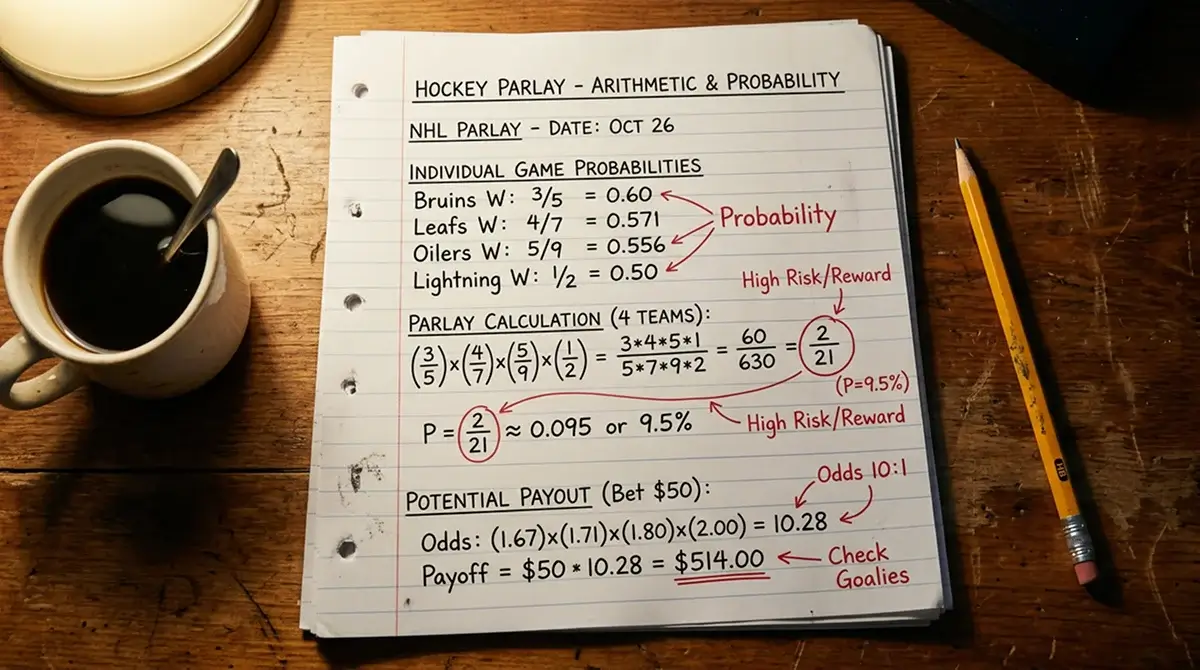 Document with handwritten ice hockey parlay maths and probability calculations