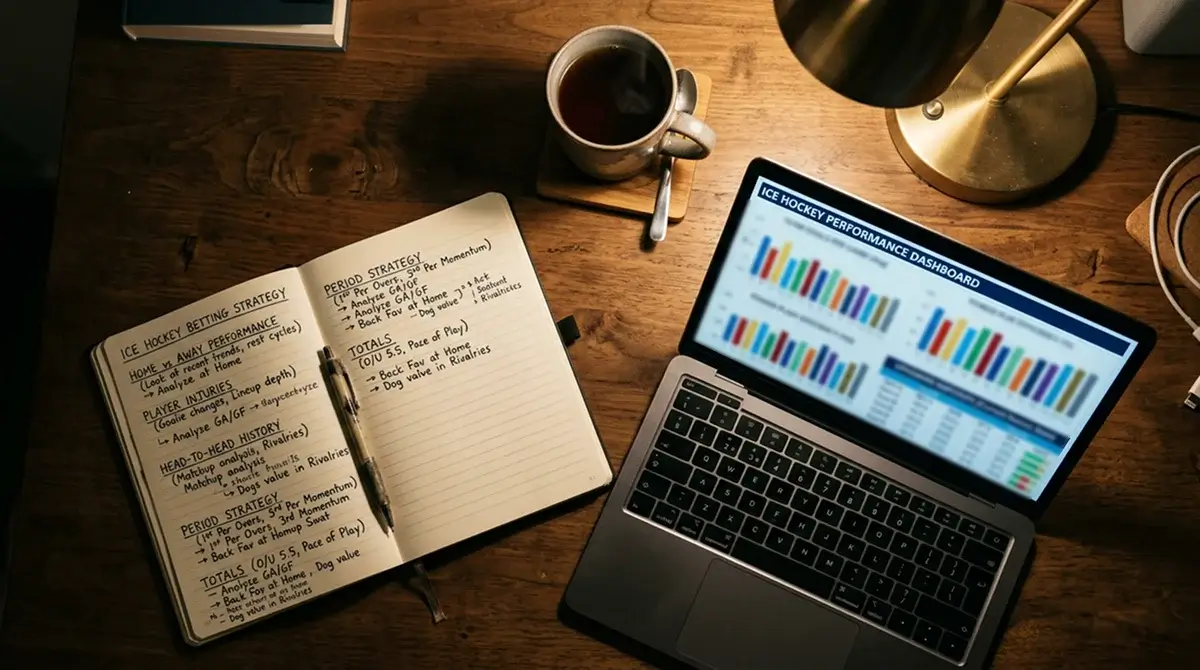 Open notebook with handwritten ice hockey betting research notes next to a laptop screen showing stats