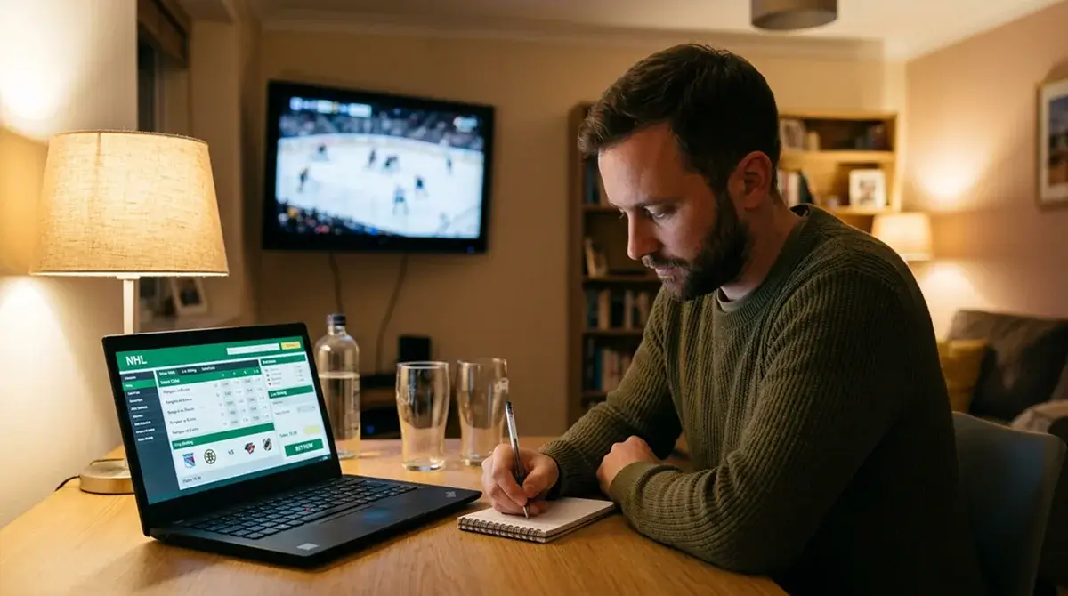 UK punter researching same-game parlay prices on a laptop with hockey game on TV