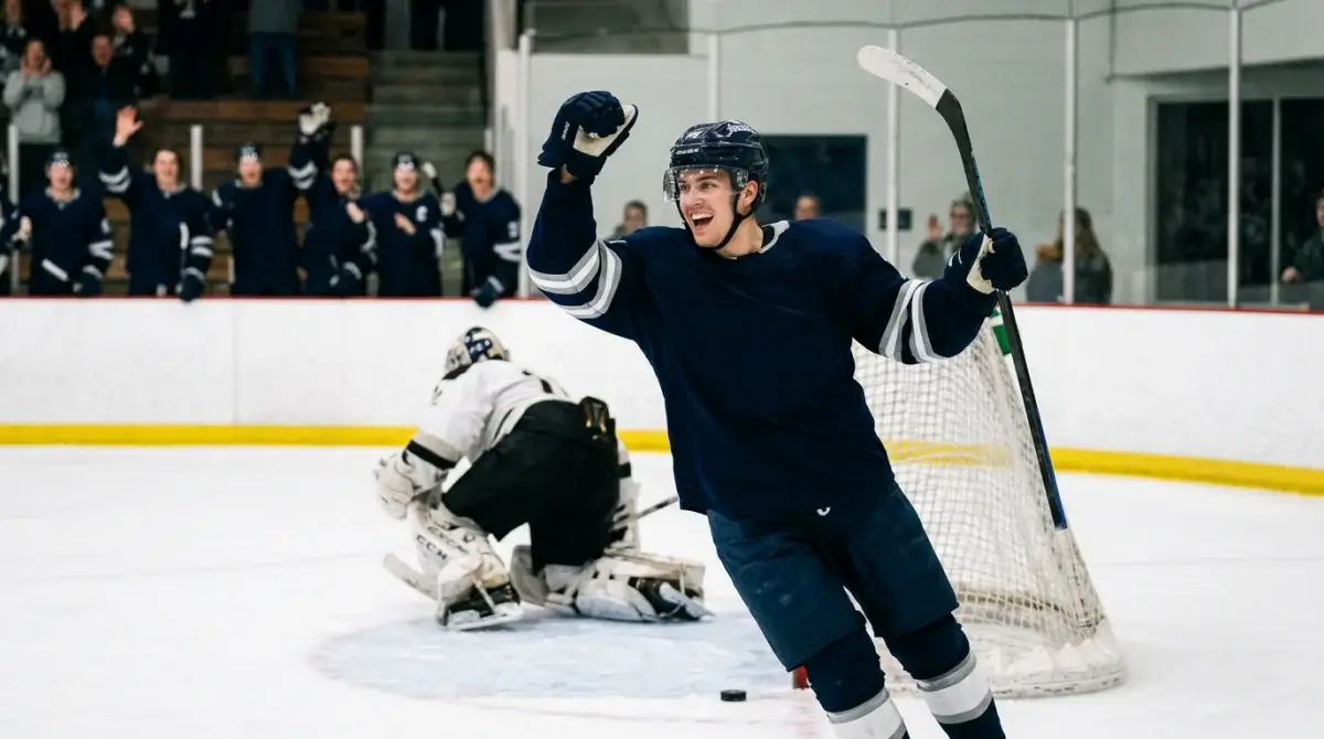 NHL forward celebrating a goal with stick raised against a top opposing goaltender