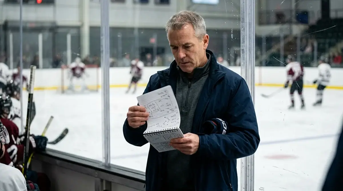 Ice hockey assistant coach reviewing tactical notes on a small clipboard behind the bench