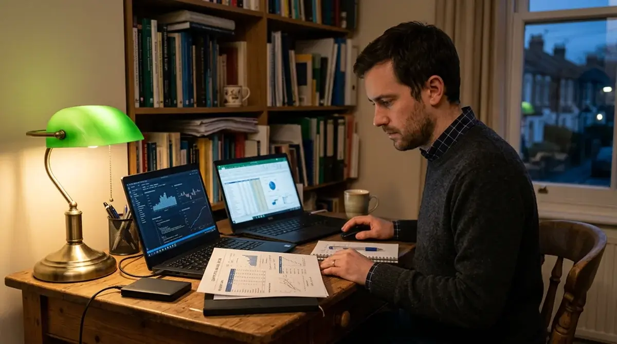 UK ice hockey researcher working with multiple data sources at an evening desk setup