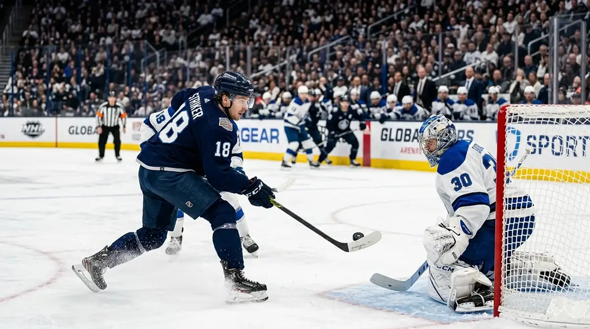 NHL top-line forward shooting from the slot toward the goaltender