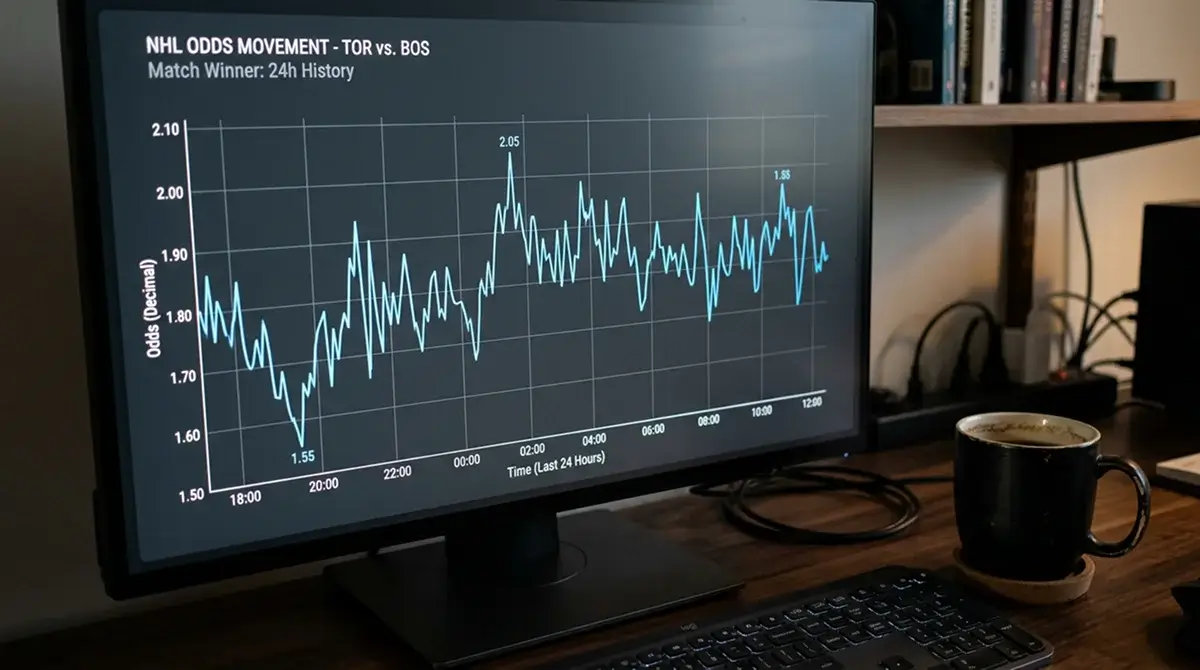 Computer screen showing ice hockey moneyline movement chart over the pre-match window
