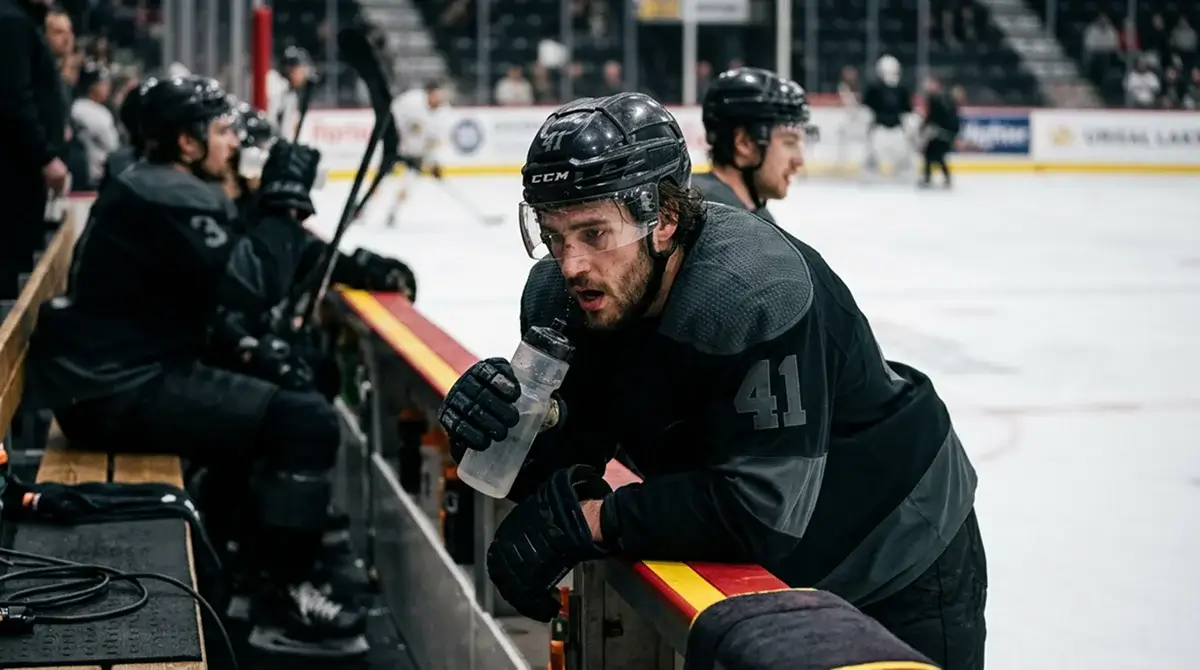Hockey player resting on the bench between shifts with visible fatigue
