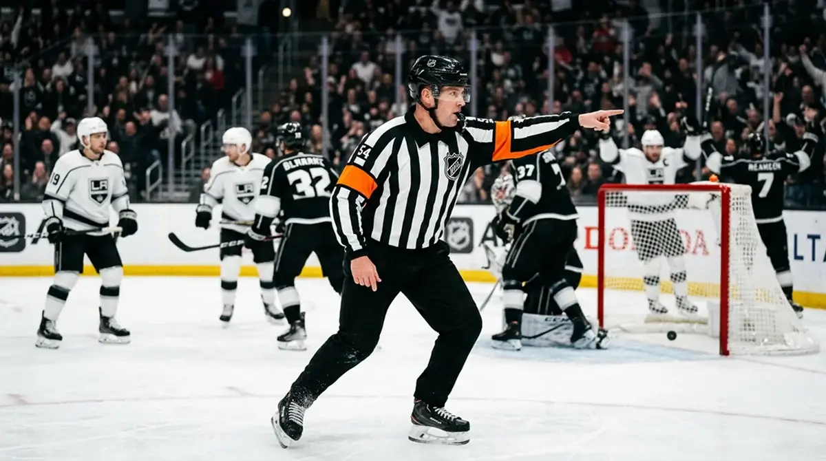 NHL referee signalling a goal with arm extended at centre ice