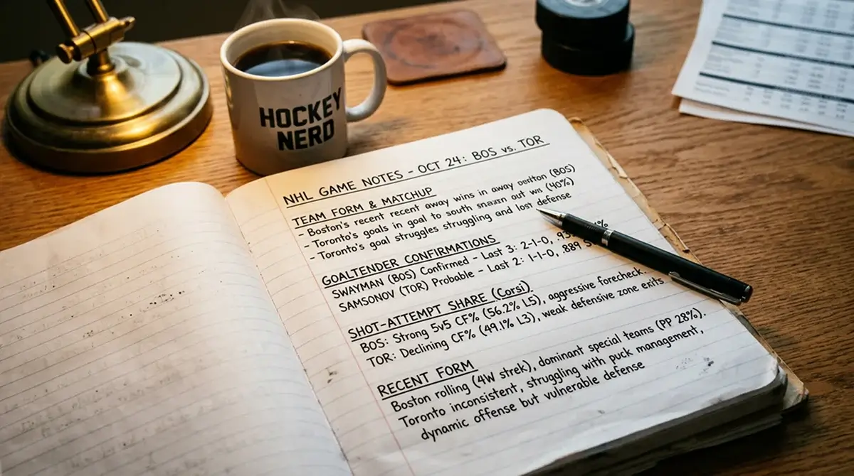 Hockey bettor's research notebook with hand-written notes on team form