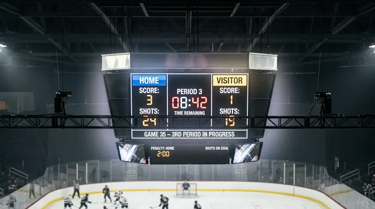 NHL arena scoreboard showing period clock and goal totals during a game