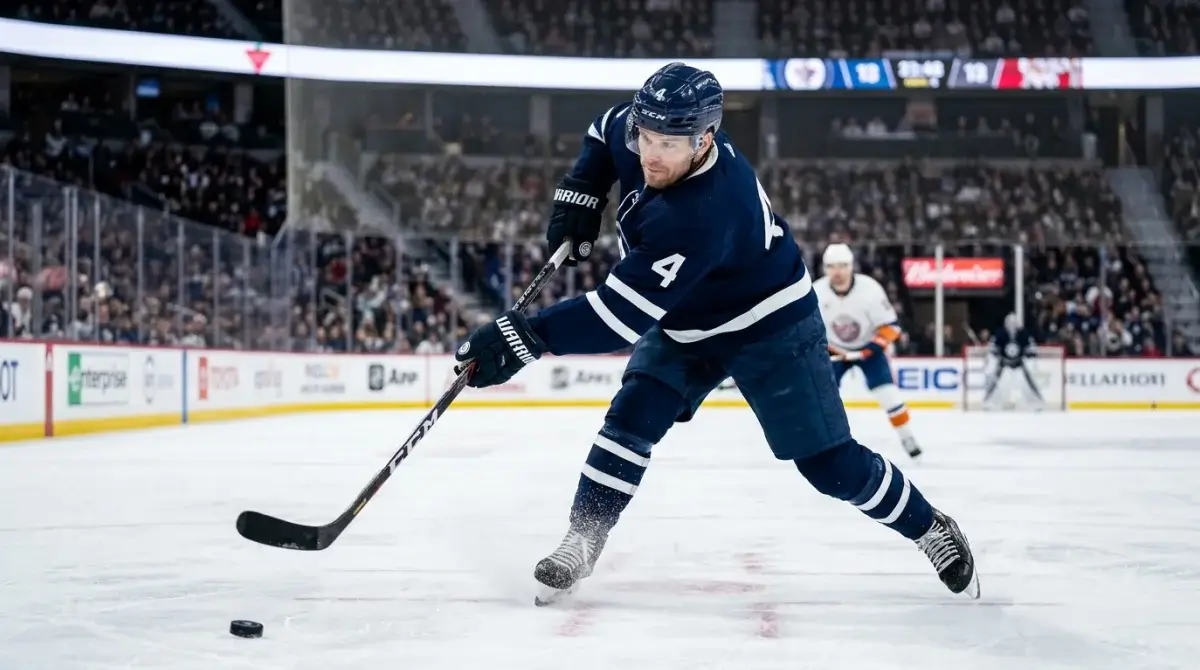 NHL defenceman taking a slap shot from the point with motion frozen at impact