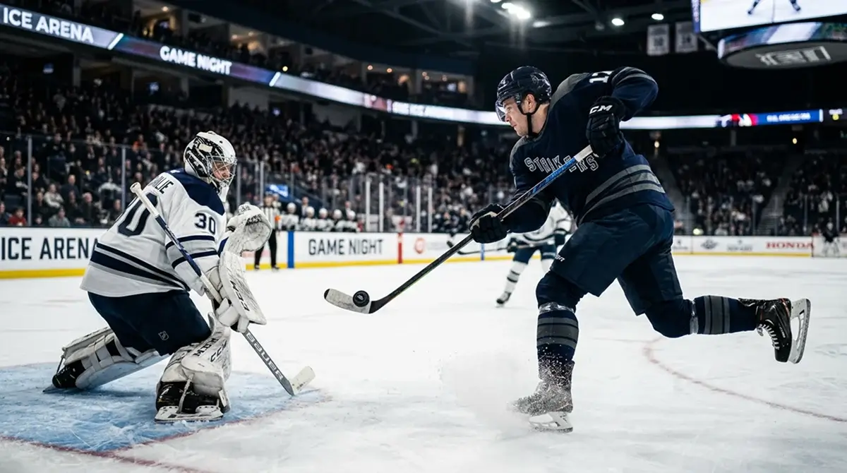 NHL forward winding up a slap shot from the slot with goaltender bracing