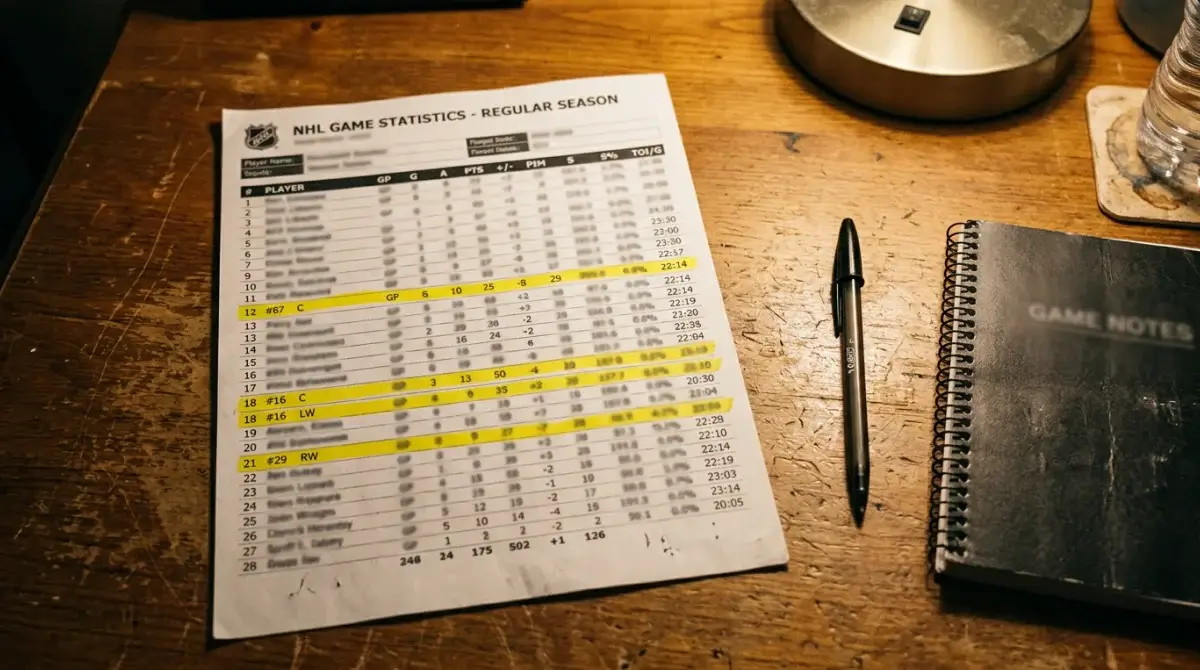 Overhead view of a printed NHL stat sheet with player performance rows highlighted