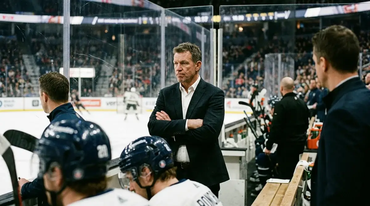 NHL head coach studying the play from behind the bench with arms crossed