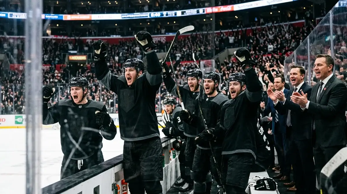 NHL bench players celebrating a goal during a regular season game