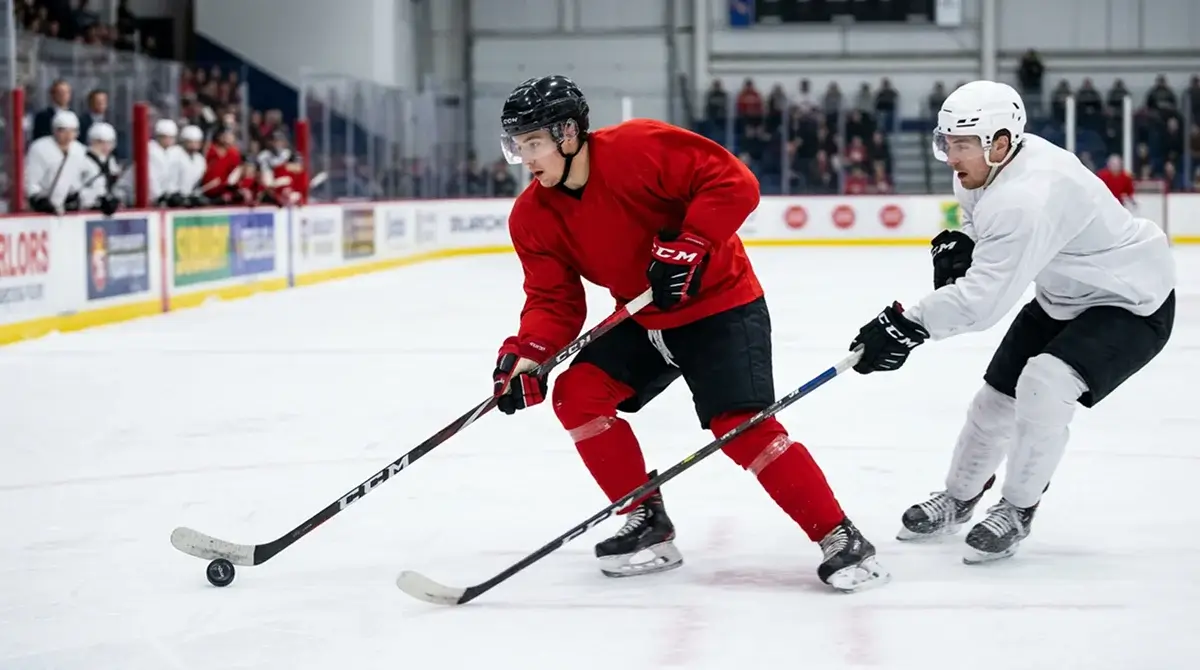 Hockey puck on the ice mid-rush in a high-scoring totals fixture