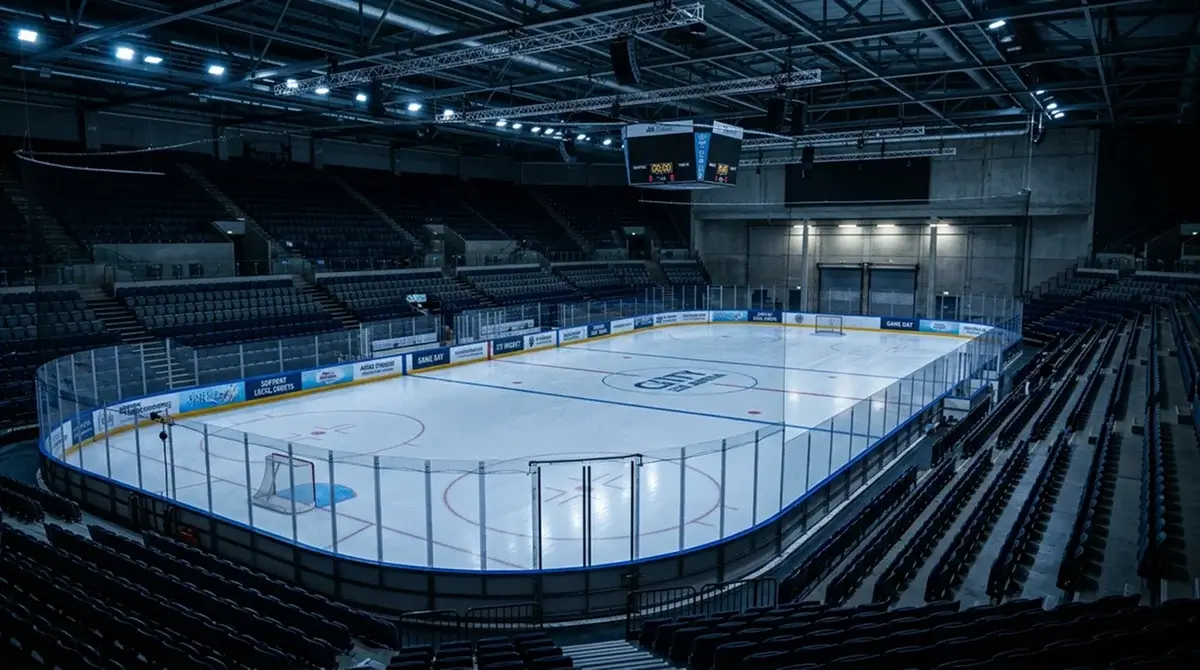 Empty British ice hockey arena interior with rink boards and tiered seating