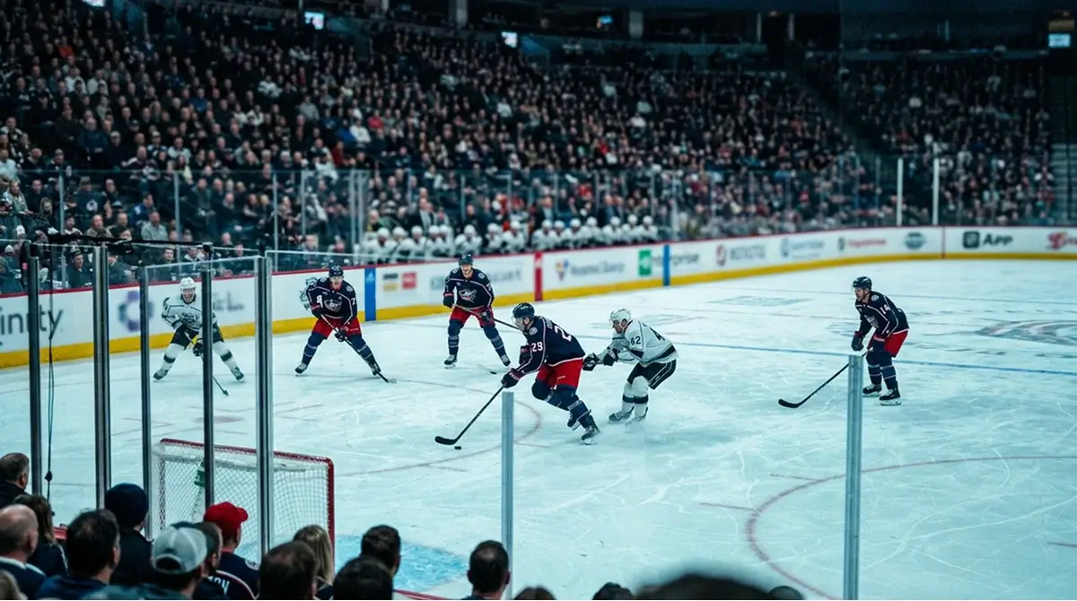 Floodlit ice hockey rink with players in mid-action during a UK-broadcast NHL fixture