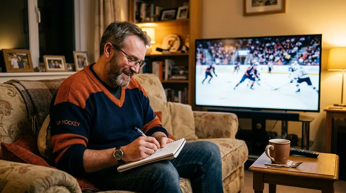 Hockey fan watching an NHL game on television and taking notes