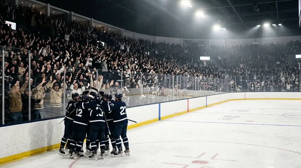 Crowd reacting to a goal moment in an NHL arena with players celebrating in the background